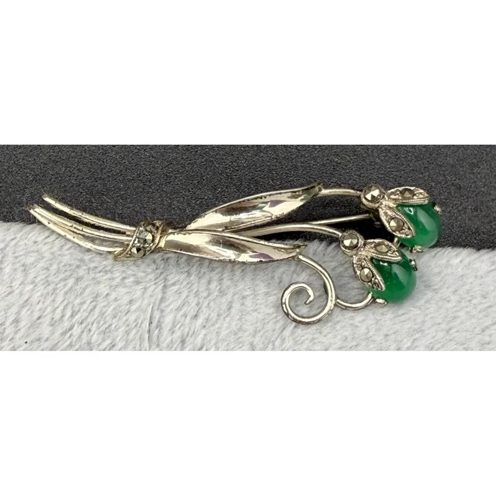 Vintage Flower Brooch Green 830 Silver‎